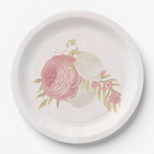 Roze en witte bloemen goud papieren bordje (Voorkant)