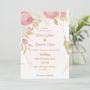 roze en witte bloemen gouden botanische bruiloft kaart