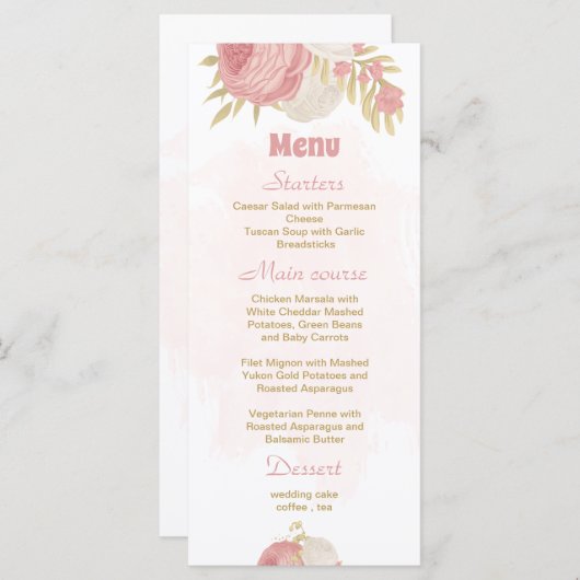 roze en witte bloemen gouden botanische bruiloft menu (Voorkant / Achterkant)