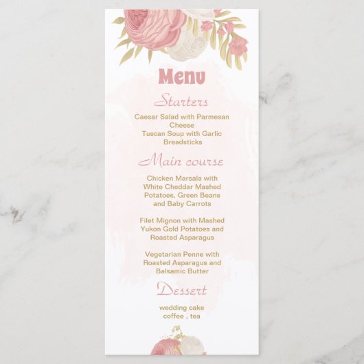 roze en witte bloemen gouden botanische bruiloft menu (Voorkant)