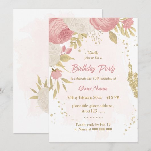 roze en witte bloemen gouden botanische verjaardag kaart (Voorkant / Achterkant)