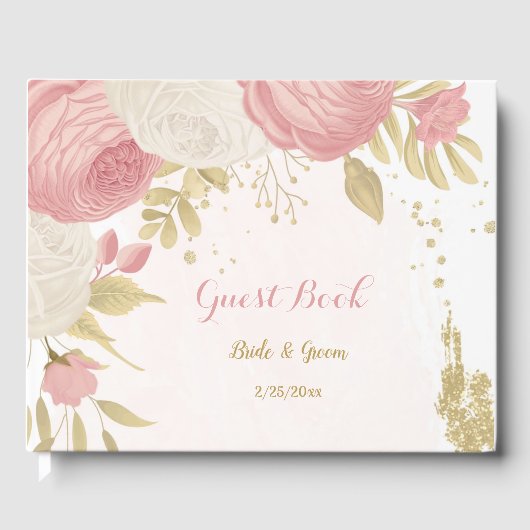 Roze en witte bloemen gouden bruiloft gastenboek (Voorkant)