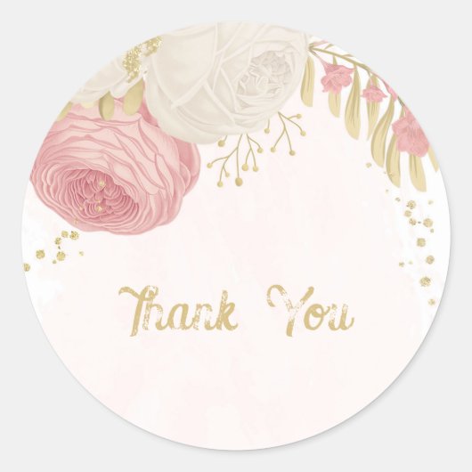 Roze en witte bloemen gouden bruiloft ronde sticker (Voorkant)