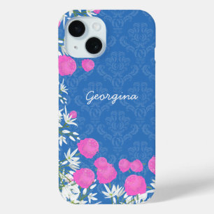 roze en witte bloemen met Damast op blauw iPhone 15 Case