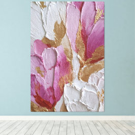 Roze en Witte Bloemen met Gouden Textuur Abstract Canvas Afdruk
