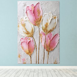Roze en Witte Bloemen met Gouden Textuur Abstract Canvas Afdruk