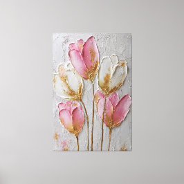 Roze en Witte Bloemen met Gouden Textuur Abstract Canvas Afdruk