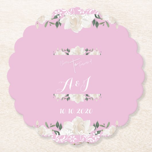 Roze en witte bloemen monogram Papier Onderzetter (Voorkant)