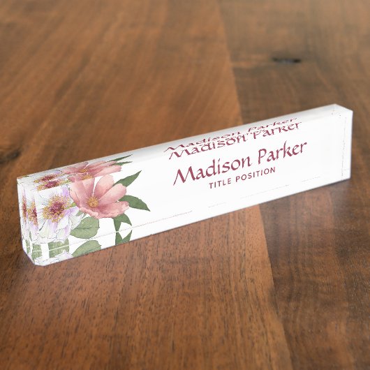 Roze en witte bloemen naambordje (Zijkant)