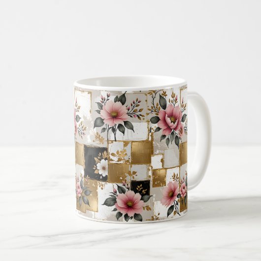 Roze en witte bloemen op gouden en zwarte pleinen koffiemok (Voorkant rechts)