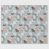 Roze en witte bloemen over grijze achtergrond cadeaupapier (Vlak)