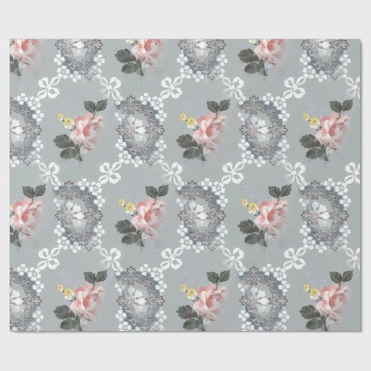 Roze en witte bloemen over grijze achtergrond cadeaupapier (Vlak)