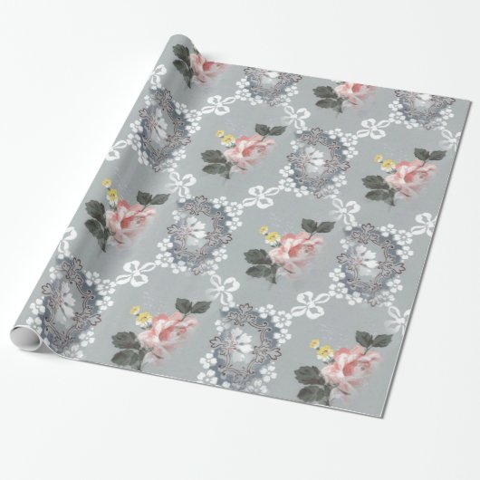 Roze en witte bloemen over grijze achtergrond cadeaupapier (Uitgerold)