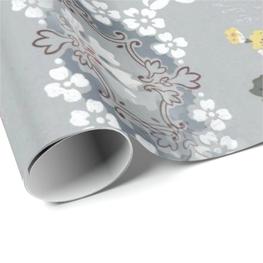 Roze en witte bloemen over grijze achtergrond cadeaupapier (Rol Hoek)