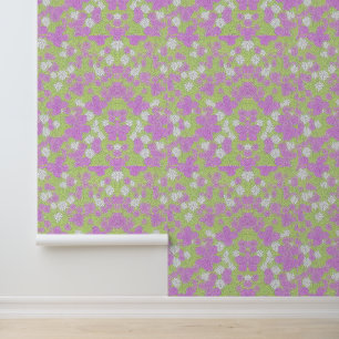 Roze en Witte Bloemen Patroon op Lichtgroen Behang