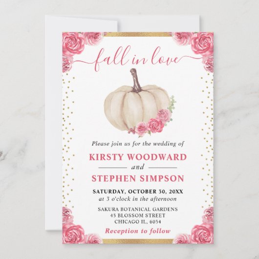 Roze en Witte Bloemen Pompoen Fall Wedding Kaart (Voorkant)