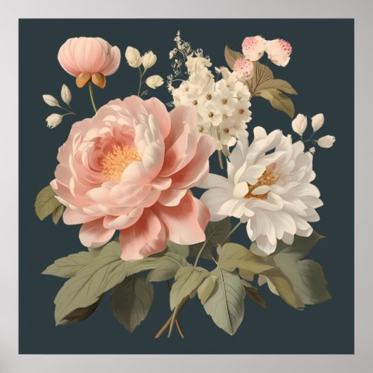 ROZE EN WITTE  BLOEMEN POSTER (Voorkant)