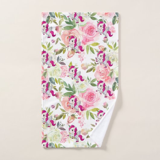  Roze en Witte Bloemen Regenboog Eenhoorn Bad Handdoek (Handdoek)