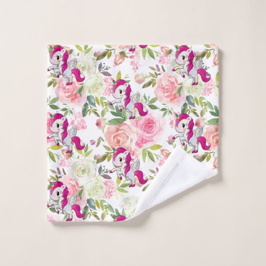  Roze en Witte Bloemen Regenboog Eenhoorn Bad Handdoek (Wasdoekje)