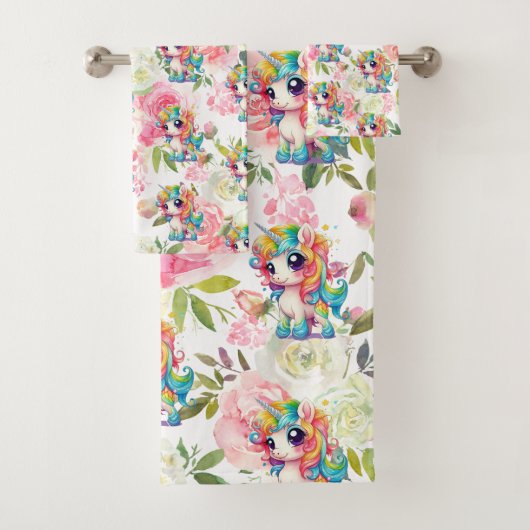  Roze en Witte Bloemen Regenboog Eenhoorn Bad Handdoek (Insitu)