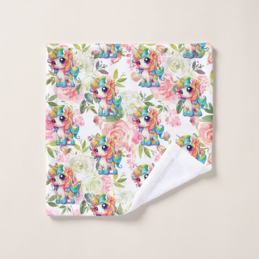 Roze en Witte Bloemen Regenboog Eenhoorn Bad Handdoek (Wasdoekje)