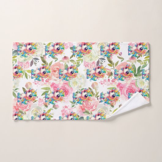  Roze en Witte Bloemen Regenboog Eenhoorn Bad Handdoek (Handdoek)