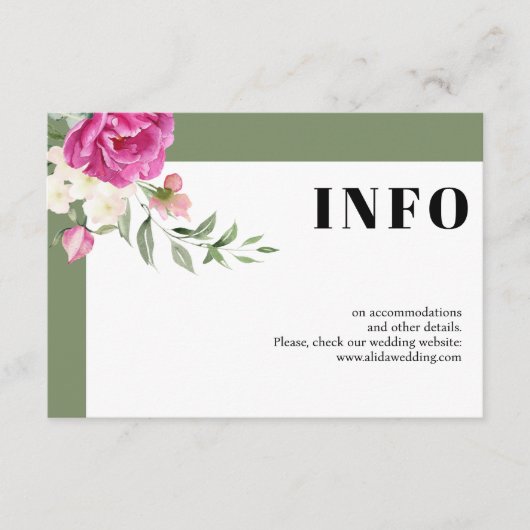 Roze en witte bloemen salie groene bruiloft detail informatiekaartje (Voorkant)