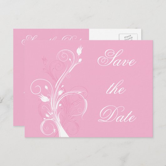 Roze en Witte Bloemen Save the Date Briefkaart (Voorkant / Achterkant)