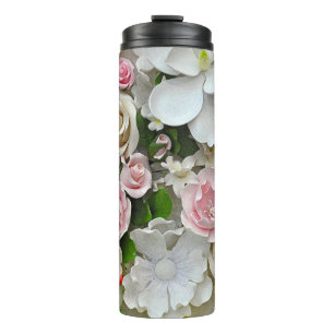 Roze en witte bloemen thermosbeker
