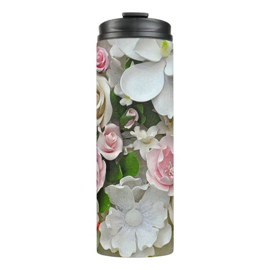 Roze en witte bloemen thermosbeker (Voorkant)