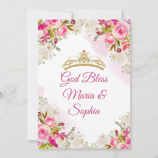 Roze en witte bloemen Twin Quinceanera Uitnodiging (Achterkant)