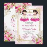 Roze en witte bloemen Twin Quinceanera Uitnodiging<br><div class="desc">Roze en witte bloemen Twin Charro Mis Quince 15 Anos nodigen Mis Quince Anos uit,  15e verjaardag,  Twin Navy Quinceanera Invitation,  Blue Flowers,  Crown Mis Quince Anos</div>