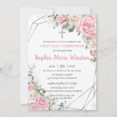 Roze en witte bloemen Zilver Eerste Heilige Commun Kaart (Voorkant)