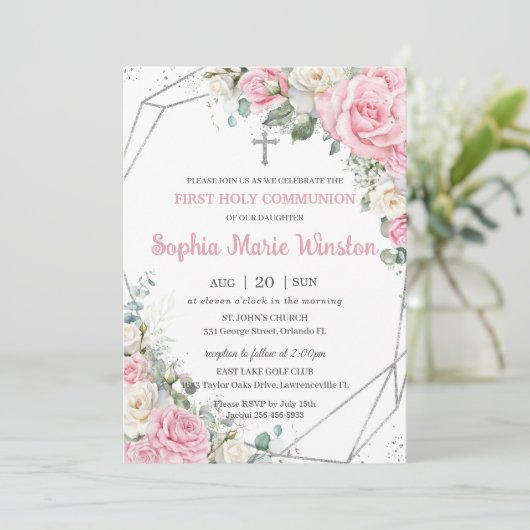 Roze en witte bloemen Zilver Eerste Heilige Commun Kaart (Staand voorkant)