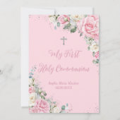 Roze en witte bloemen Zilver Eerste Heilige Commun Kaart (Achterkant)
