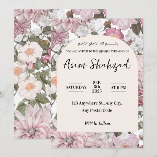 Roze en witte bloemenaqeqah of Ameen uitnodiging (Voorkant / Achterkant)