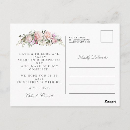 Roze en witte bloemenbruiloft Save the Date Briefkaart (Achterkant)