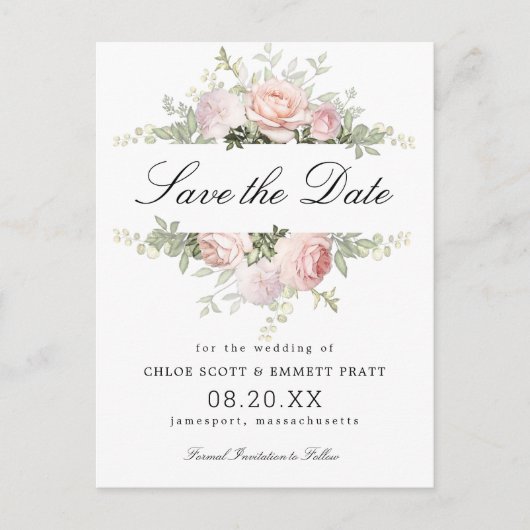 Roze en witte bloemenbruiloft Save the Date Briefkaart (Voorkant)