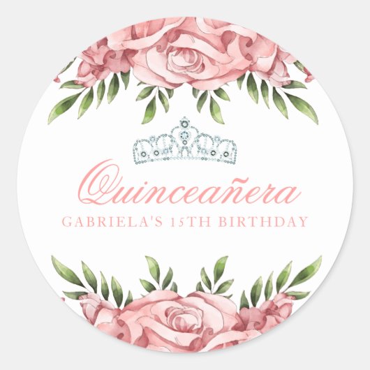 Roze en witte bloemenquinceanera ronde sticker (Voorkant)