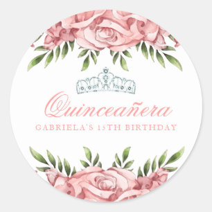 Roze en witte bloemenquinceanera ronde sticker