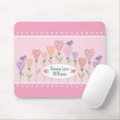 Roze en Witte Bloemhartjes Geborduurd Monogram Muismat (Met muis)