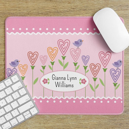Roze en Witte Bloemhartjes Geborduurd Monogram Muismat