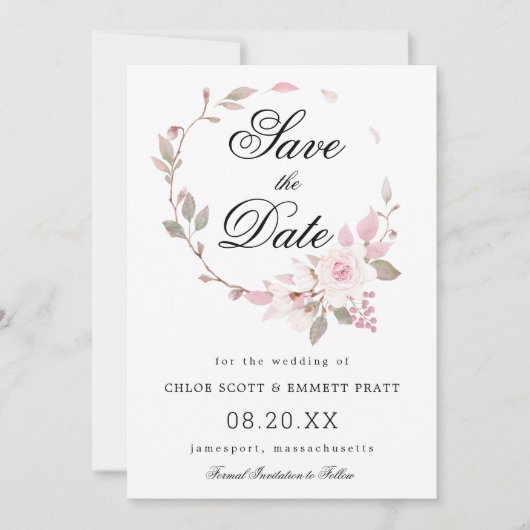 Roze en Witte Bloemige Bruiloft Save The Date (Voorkant)