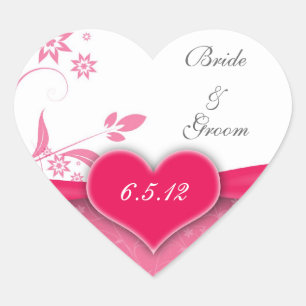 Roze en Witte Bloemige Trouwstickers Hart Sticker