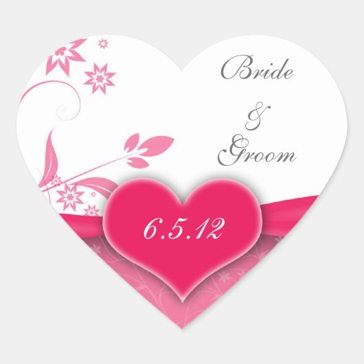 Roze en Witte Bloemige Trouwstickers Hart Sticker (Voorkant)