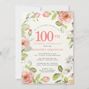 Roze en witte bloemige uitnodiging voor 100ste ver