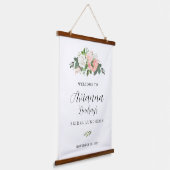 Roze en witte bloemrijke bruidslunch welkom hangend wandkleed (Gebogen)