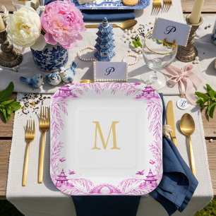 Roze en Witte Bloemrijke Wilgen Tegeltjes Monogram Papieren Bordje