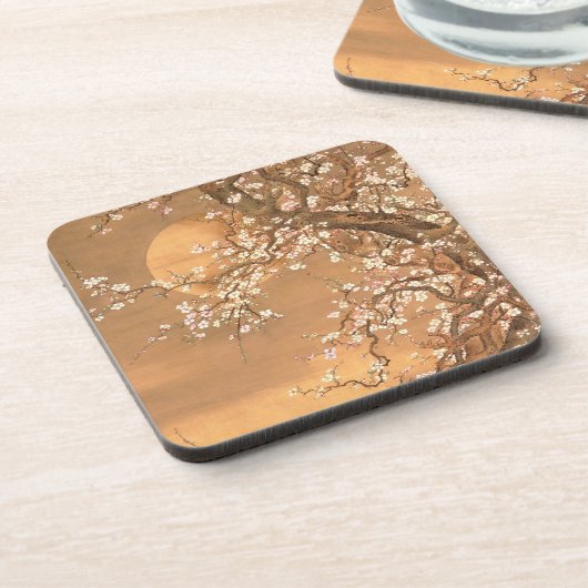 Roze en witte bloesems in Moonlight, Shizan Bier Onderzetter (Linkerzijde)