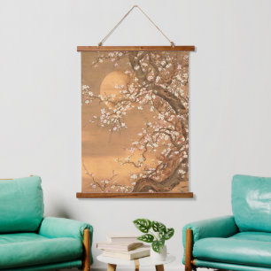 Roze en witte bloesems in Moonlight, Shizan Hangend Wandkleed